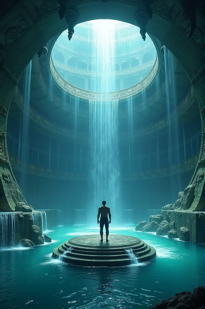 Aquaman has a training space called the Temple of Triton, it is shaped like a shell. In the center there is a platform around it, there is water and water falls from the walls like a waterfall.