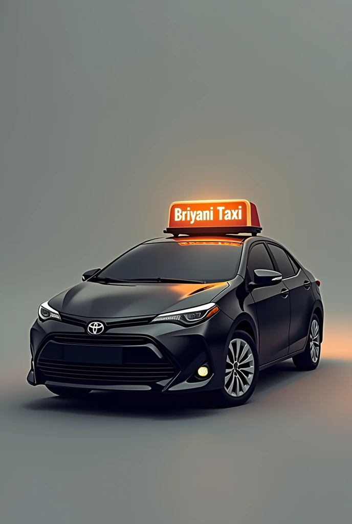 Create Briyani Taxi logo, which is toyota corolla black car and in roof there should be Briyani Taxi name light blinking box.