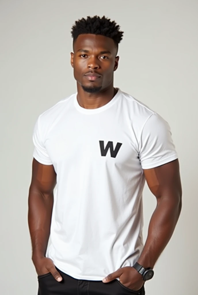 Attractive Black man, late 20’s, grey eyes, short hair, mustache, wearing black t-shirt.