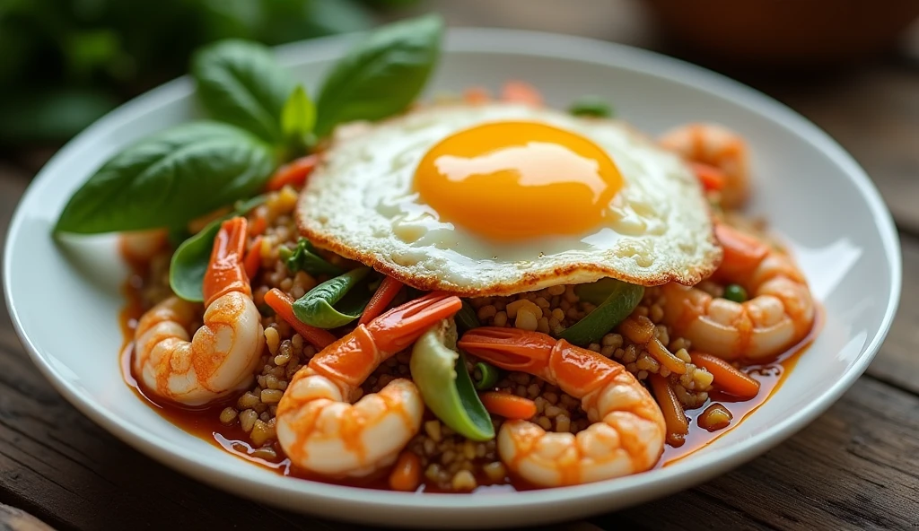 Create an image macro shot vivid color of Very spicy stir-fried basil with shrimp, sliced squid, clams, and crab meat on rice, with a Thai-style fried egg on top. The atmosphere of a cheap roadside restaurant.