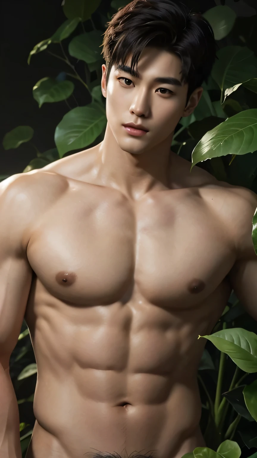 a handsome korean boy, naked, large green leaves covering his crotch, detailed face, beautiful eyes, full lips, sharp jawline, muscular body, natural lighting, photorealistic, 8k, high quality, trending on artstation