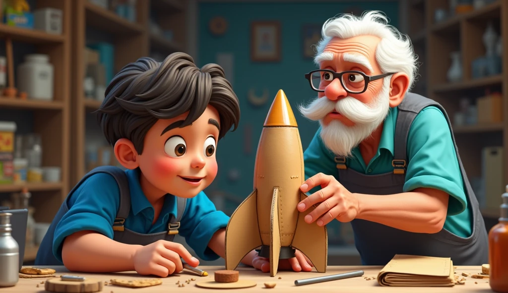 Lucas, a boy in a blue shirt, and Professor Estrella, an old man with a thick white hair and a mustache, working together to build the rocket out of wood and cardboard..