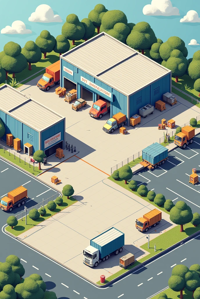 Layout of a distribution center of 1.00m x1.20 with sentry box, coffee shop, rolling, Parking lot, bathrooms , Reception area to the north and dispatch area to the east. With u-configuration