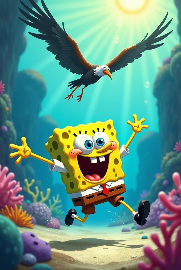 Sponge Bob chasing a vulture