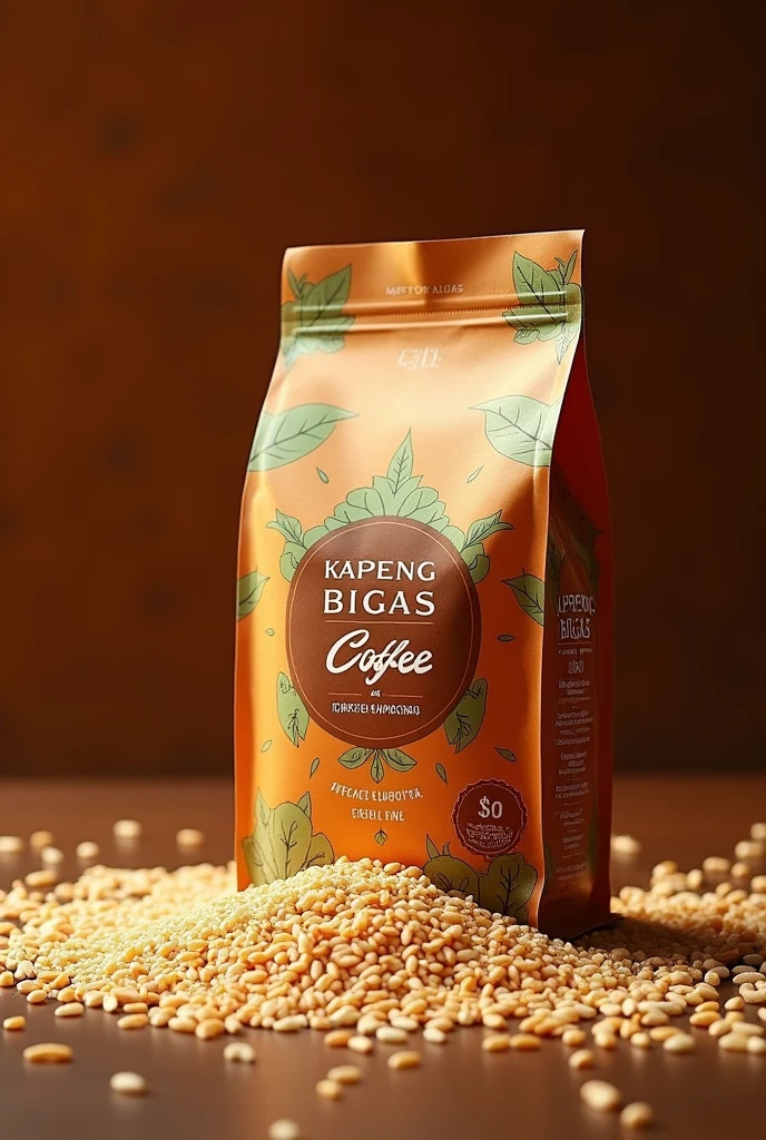 create a rice coffee in package with a lot of rice out side with name of product (kapeng bigas)