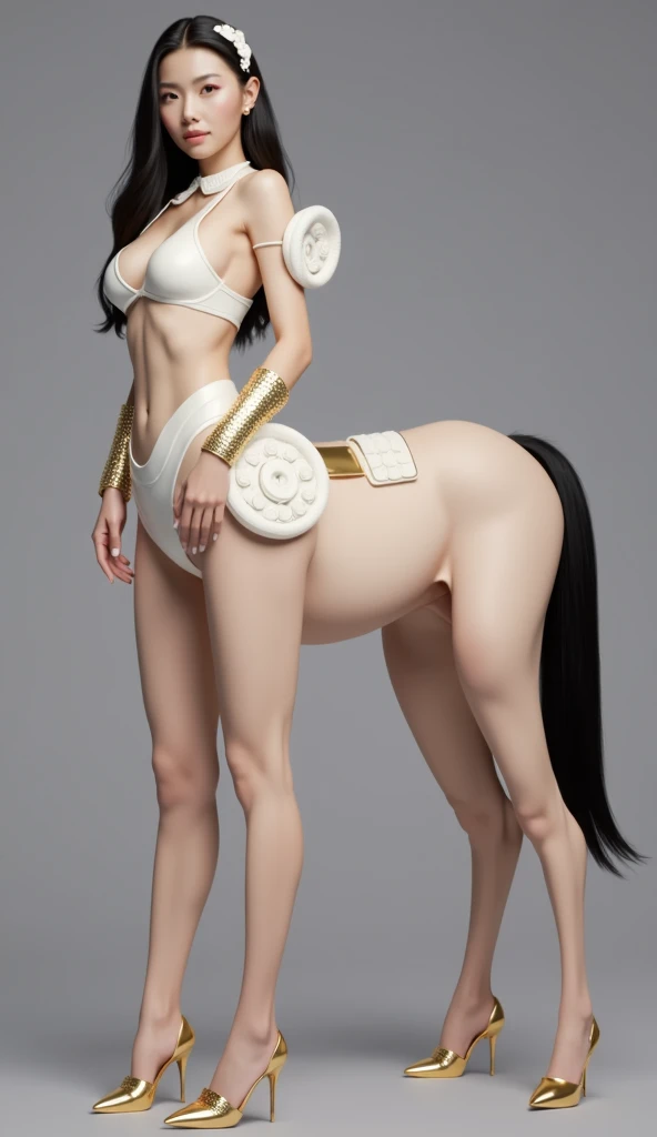 masterpiece,(Best quality:1.3),Centaur girl,lora:Centaur girlV1.0:0.6,(Icefield:1.3),standing on four legs，Hands on waist，(Perfect fingers: 1.6)，(Future white mechanical sci-fi armor: 1.6)，Correct Centaur Body，Wearing gold high heels