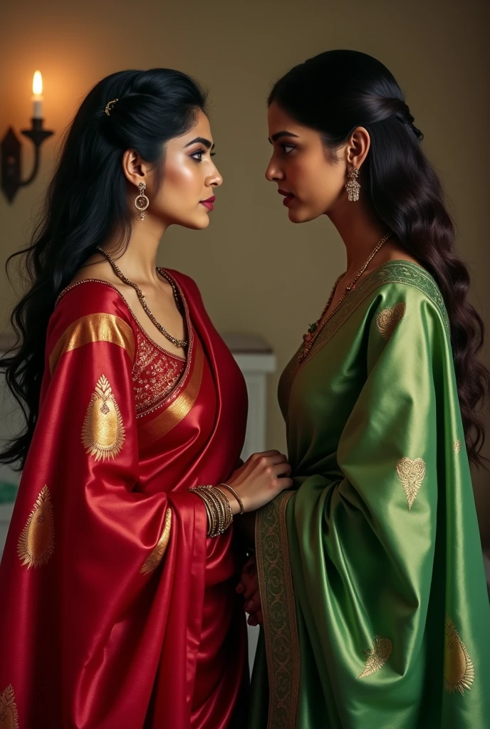 Two young wives of the same man, one in red silk saree with deep neck blouse and another in green saree with deep neck blouse fight in bedroom. Both standing face to face in anger. Both arguing for husband. They hate each other. Both need the same man and they are not ready to give up the fight