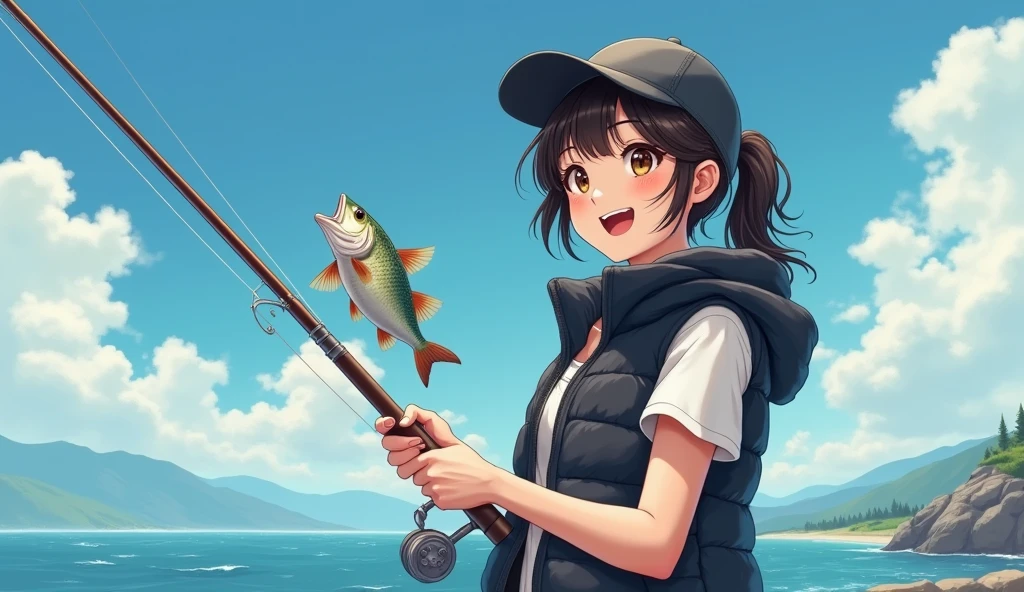 2D,Detailed overview,最high quality,Best image quality,,break,超High resolution,Attention to detail,high quality,High resolution,最high quality,4K,8k,break,Highlight the fishing rod and fish,summer breakwater,Fishing Girl,Black vest,cap,break,close your eyes,Big smiling mouth,Big smile after catching a fish,Angel Smile,break,Rod in left hand,Fish in the right hand