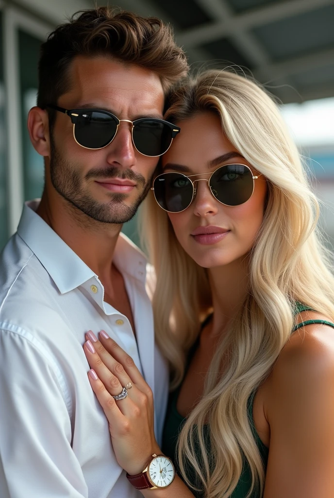 (Photorealism:1.1) a couple man dark brown hair and brown eyes together with a woman blonde green eyes long hair no pitlane da formula 1 em Monza óculos Rayban e um IWC portuguese e usando aliança de casamento 8k ultra realistic super detailed
