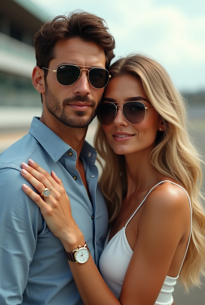 (Photorealism:1.1) a couple man dark brown hair and brown eyes together with a woman blonde green eyes long hair  no pitlane da formula 1 em Monza óculos Rayban e um IWC portuguese e usando aliança de casamento 8k ultra realistic super detailed