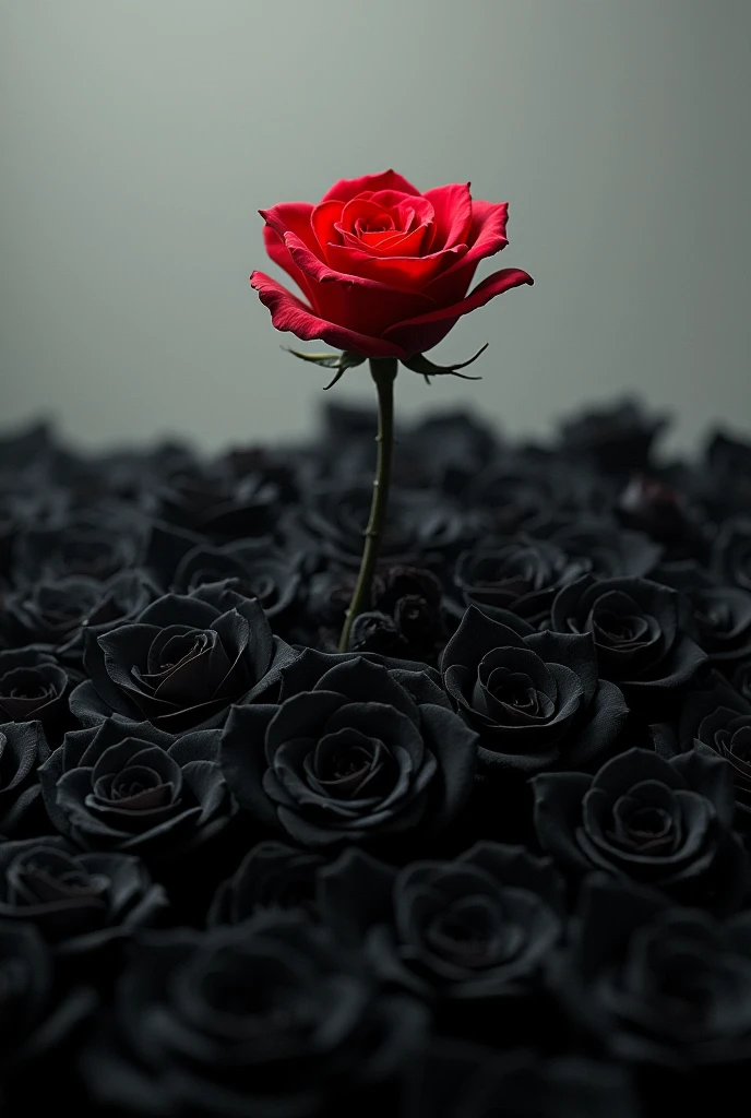 A red rose among a pile of black ones 
