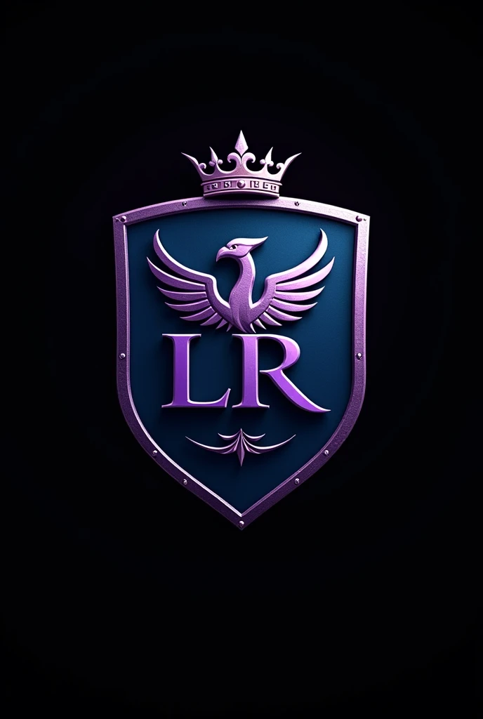 Metallic blue law firm logo with metallic purple LR initials, Phoenix bird and queen's crown and metallic colored scales and black background