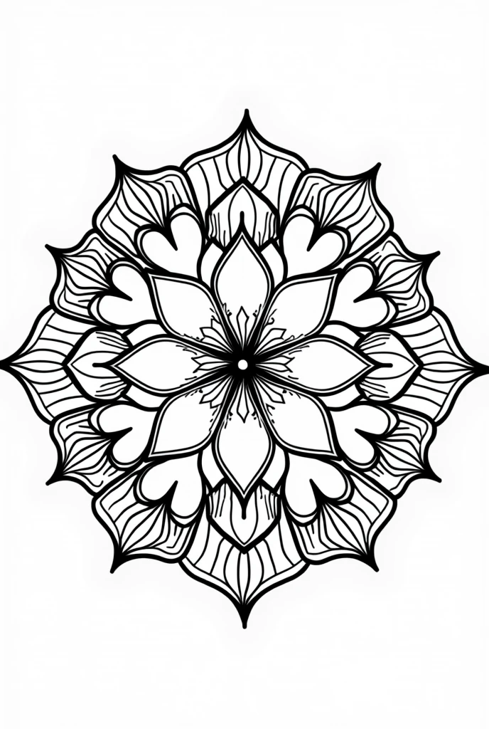 Create a black-and-white coloring page designed for adult women featuring a simple yet elegant mandala. The mandala should have a symmetrical design with fewer layers and less complexity, incorporating clear, bold lines and larger shapes that are easy to color. Include geometric shapes, basic floral elements, and straightforward patterns that provide a relaxing coloring experience without being overly intricate. The overall design should be clean and balanced, focusing on mindfulness and simplicity. Ensure the mandala is visually appealing with distinct, easy-to-follow outlines that invite calm and creativity