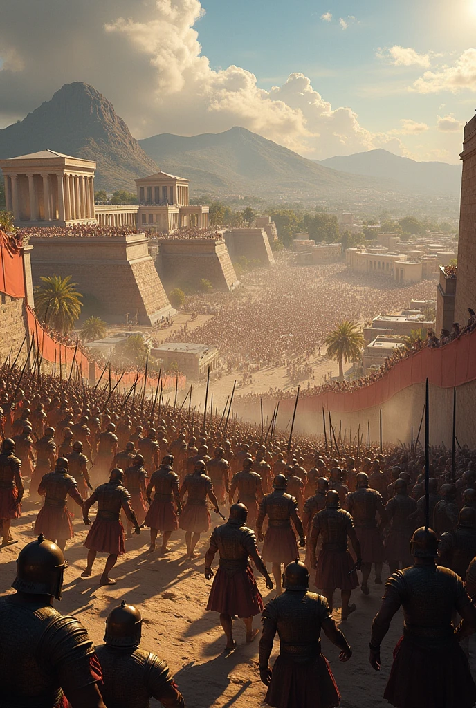 Greek city with two armies in battle