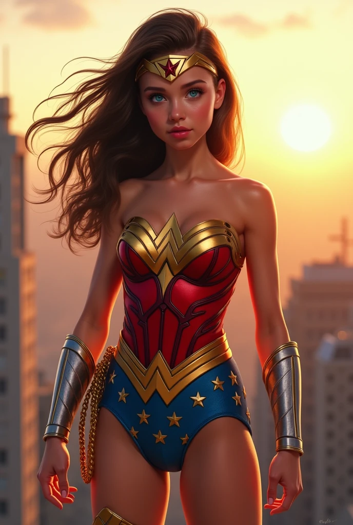 a teenage girl with blue eyes in a leotard suit of wonder woman, standing on a roof under sunlight