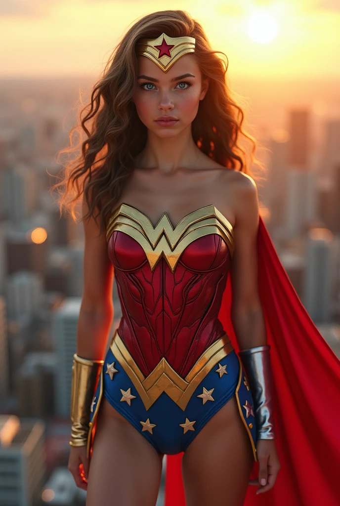 a age girl with blue eyes in a leotard suit of wonder woman, standing on a roof under sunlight