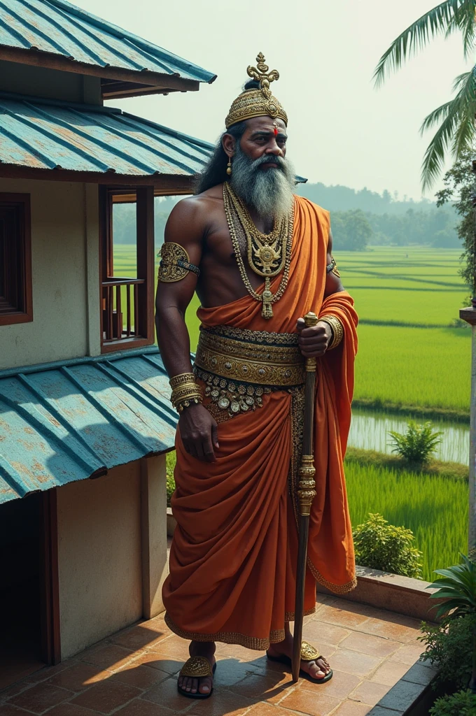 Mahabali, the legendary king of Kerala, who is believed to come during the harvest festival of Onam every year, is standing under a blue colored Alu-Zinc roofing sheet at a terrace of a two storeyed house built using fiber cement boards in the backdrop of a paddy field 