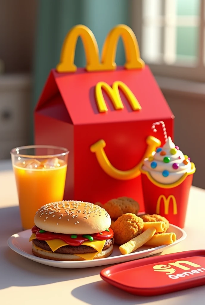 A 3D illustration of a McDonald's Happy Meal box with the text "19 De Setembro", "Greicy Kelly", and "Pedro Designer". The box is adorned with the iconic golden arches. The meal inside the box includes a glass of orange juice with ice, golden fries, a cheeseburger, crispy chicken nuggets with ketchup and mayonnaise, and a McFlurry topped with colorful M&Ms and a rich caramel sauce. The platter displays the "M" for McDonald's and a red plate embellished with the brand name. The background is slightly blurred, showcasing the artist's skills in 3D rendering and product illustration.