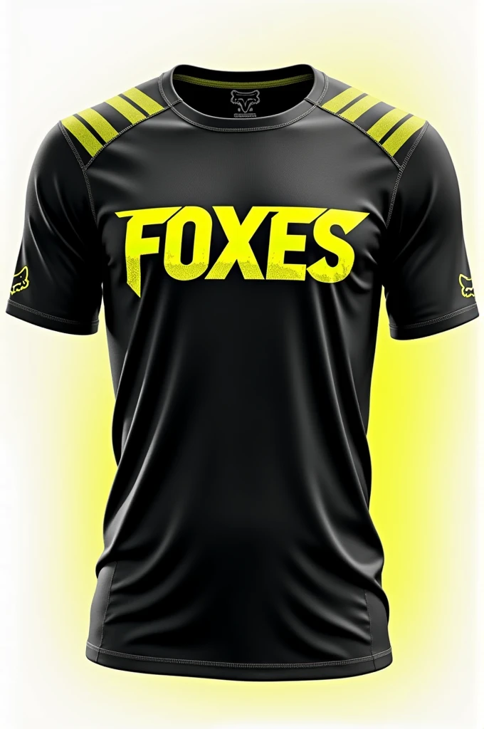 Black sports shirt with yellow details and on the front that says foxes