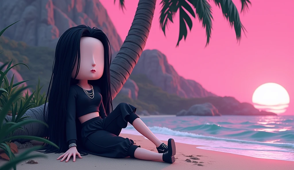 Beautiful tall square Roblox doll, with long black hair, emo clothes and no lips, white skin, no mouth leaning on a palm tree, cartoon, Vice City GTA, stone mountain background on the beach with pink sky