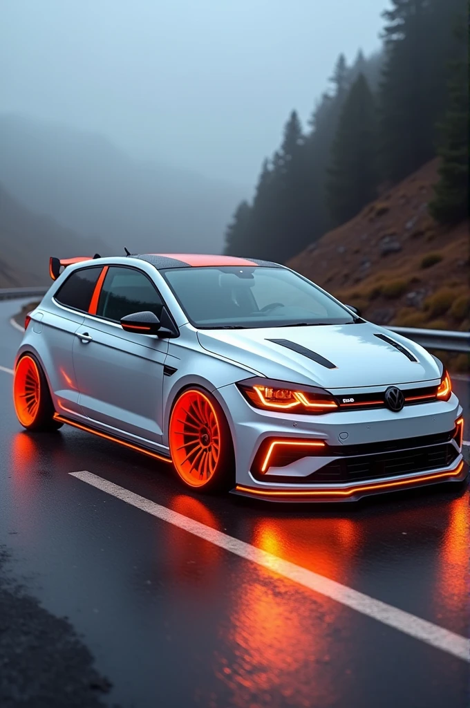 white color volkswagon polo GT modified on highway with cool alloy wheels in orange neon lights and some fof