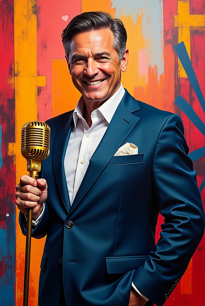 Create an abstract painting of a 50 year old black haired TV presenter smiling in a suit and holding a golden microphone