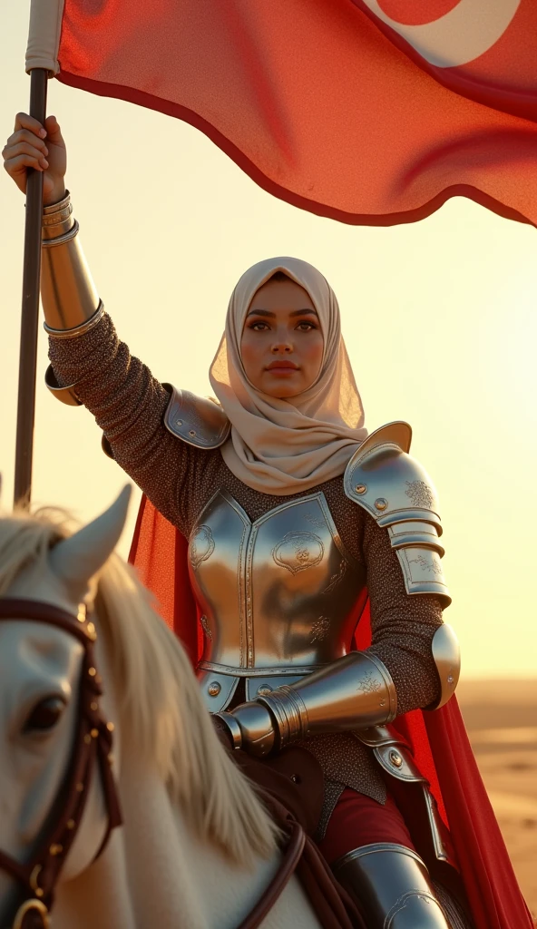 8K, HDR, masterpiece, detailed. 1girl, beautiful face, makeup. ((knight armor wearing hijab)), raising the flag. riding horse pose. style particles bokeh, at desert, noon time, ((SFW))