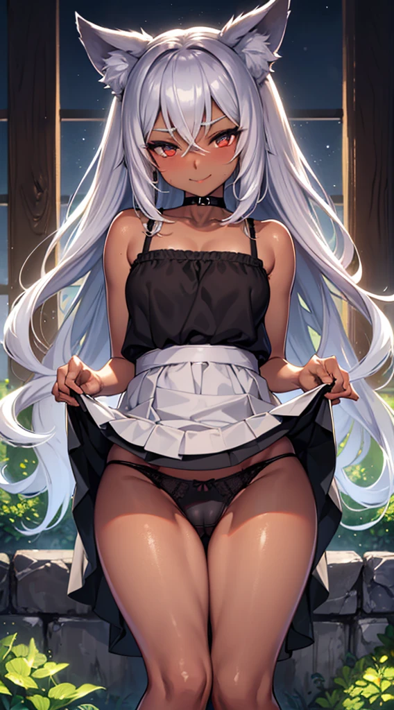 （dark skin,Silver Hair,Fox Girl）,(Perfectly detailed face),(Young) ,(camisole,mini skirt),(((skirt lift))), (((Black underwear))),cameltoe,garden,noon,sweaty,Smirk,High resolution, masterpiece, Highest quality, High resolution