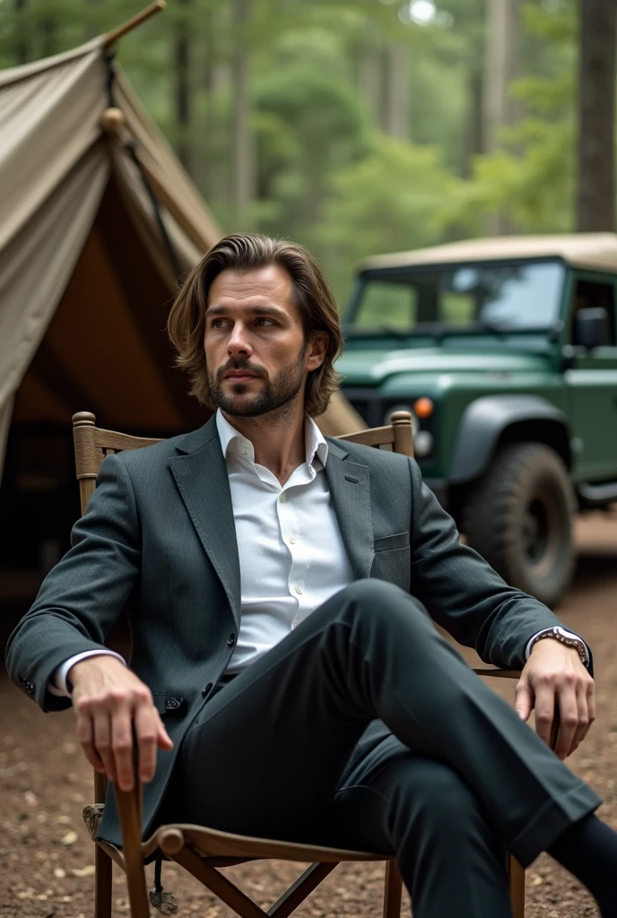 Request a logo, graphic, of a man wearing a suit, shoulder-length hair, a slight beard, a casual look, not looking at the camera, sitting on a chair, and camping. background is Tent and off-road car , car dark green color