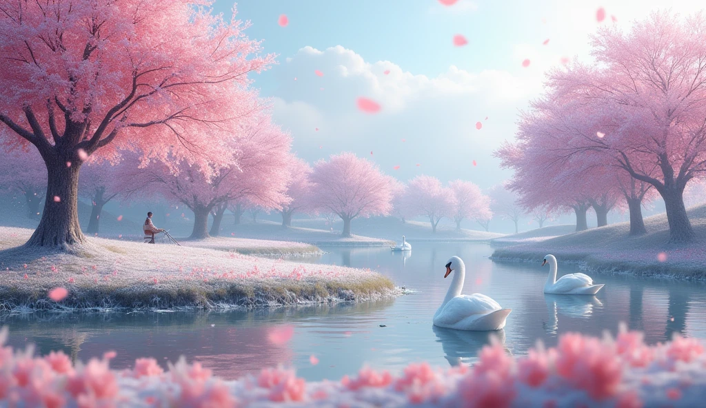 Grassland and cherry blossoms. Cherry blossom trees with pink flowers are scattered here and there. Snowy days are so beautiful. Two white swans are floating in the clear water of the pond. Some people row small boats.
