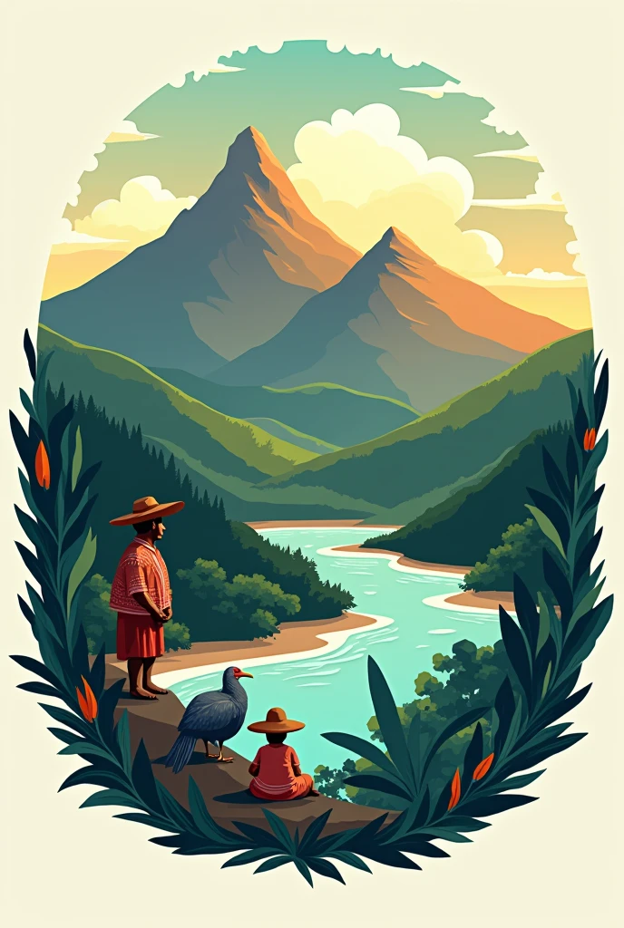 Create a logo in Spanish for a company with the following characteristics: Main image: the two peaks of the Sierra Nevada of Santa Marta, laguna, river to the sea, Macaw, monkey and a couple of peasants
