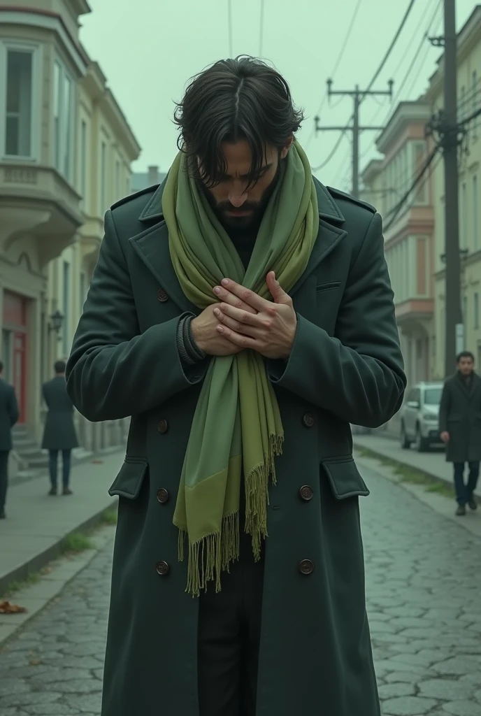 A remorseful man walking alone down a deserted street. He should be holding a " Woman's Scarf up by his heart"  but a Feminine Scarf. The Scarf should be green or yellow. He wears an overcoat, his head bowed in sorrow, and the scene is tinged with melancholy, reflecting a moment of deep personal loss. Realistic Image 