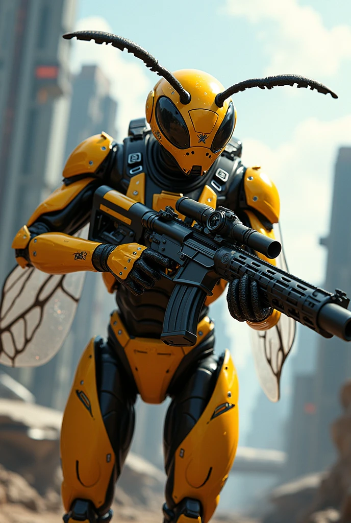 Realistic and futuristic image of a humanoid bee dressed in military clothing and the wings of the bee are visible outside the uniform. The bee is holding an M-51