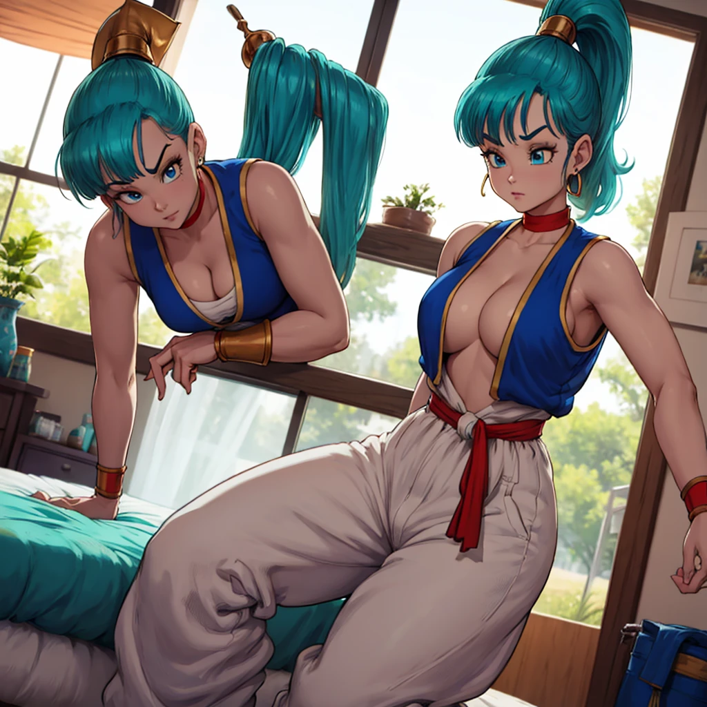 1girl, masterpiece, best_quality:0.5, highres, 4K image, (incredible_details:0.7), absurdes, ((cowboy_angle_shot:0.4)), sharpen image, bulma, 1girl, solo, blue eyes, blue hair, aqua hair, bangs, hair, high ponytail, earrings, arabian clothes, white shirt, blue vest, white pants, baggy pants, red sash, bare shoulders, sleeveless, (deep cleavage), yellow choker, wristband, neck ring, perfect tits, perfect body, in a bedroom, perfect lighting