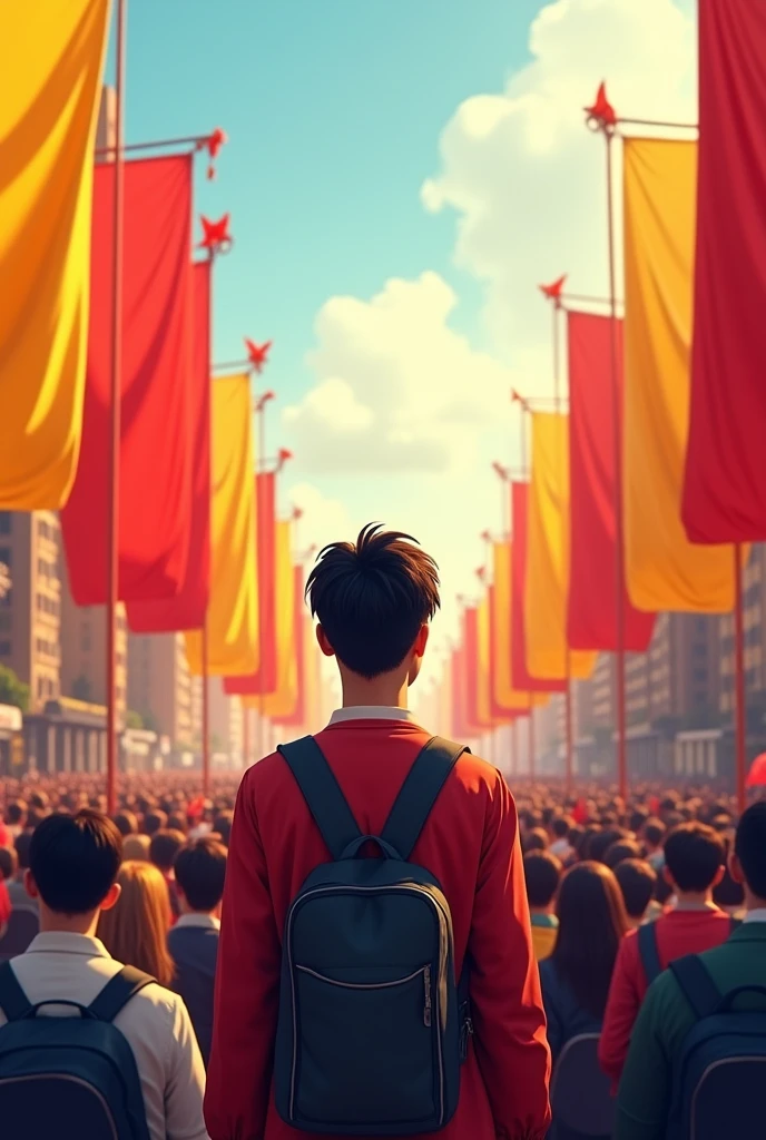 Smart College Boy back pose Standing 10000 People's Celebrate For city Place background red and yellow flag stander 3d illustration create for whatsapp dp size