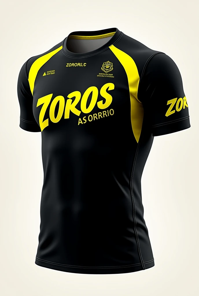 Black sports shirt with yellow details and on the front that says foxes in Spanish