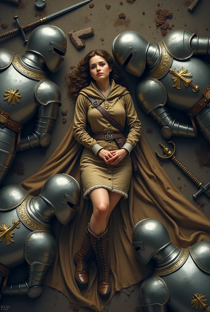 Woman in medieval explorer's clothing lying in the middle of a battlefield among knights in armor