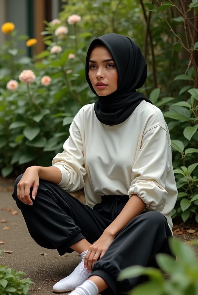 with black headscarf, white long sleeve t shirt, black sweatpants, white socks no shoes, Sexy woman talking to her friends in the garden.