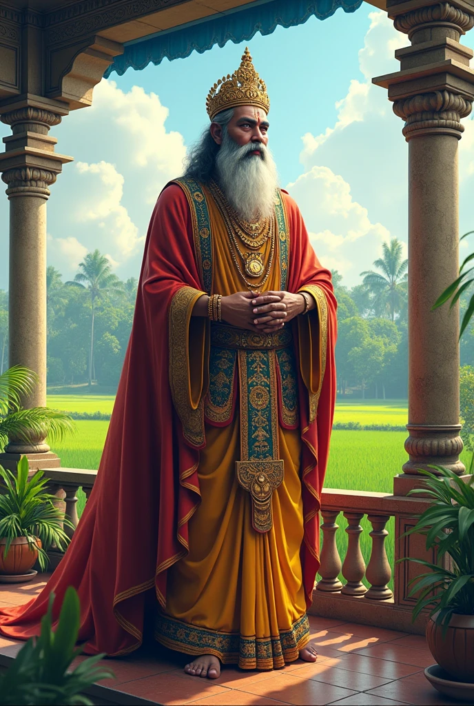 Mahabali, the legendary king of Kerala, who is believed to come during the harvest festival of Onam every year, is standing under a blue colored Alu-Zinc roofing sheet at a terrace of a two storeyed house built using fiber cement boards in the backdrop of a paddy field 