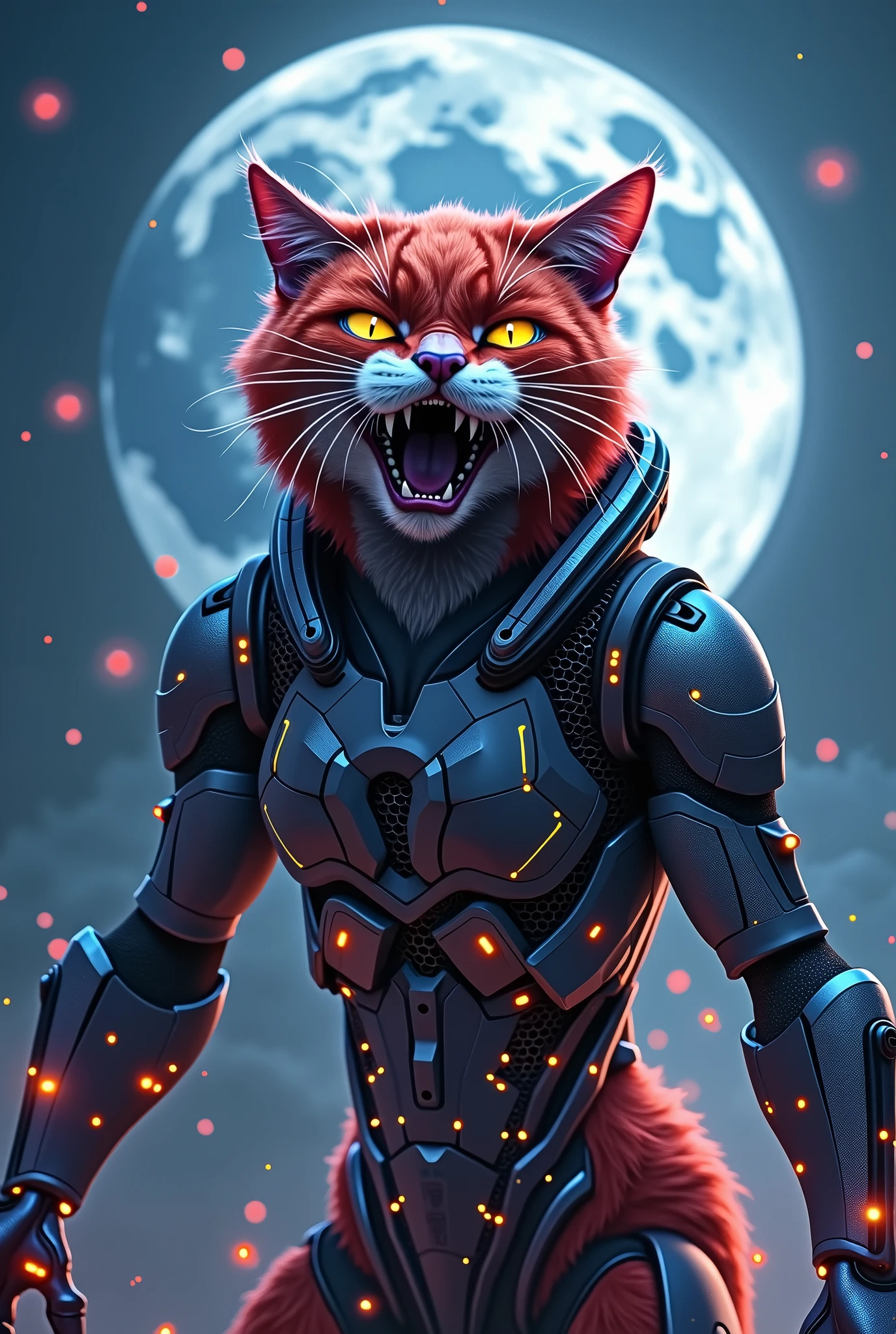 Angry red and blue cat with iron mes suit with móon sky 