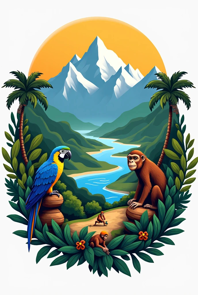 Create a logo in Spanish for a company with the following characteristics: Main image of the two snowy peaks, laguna, river to the sea, Macaw, monkey and a couple of peasants
