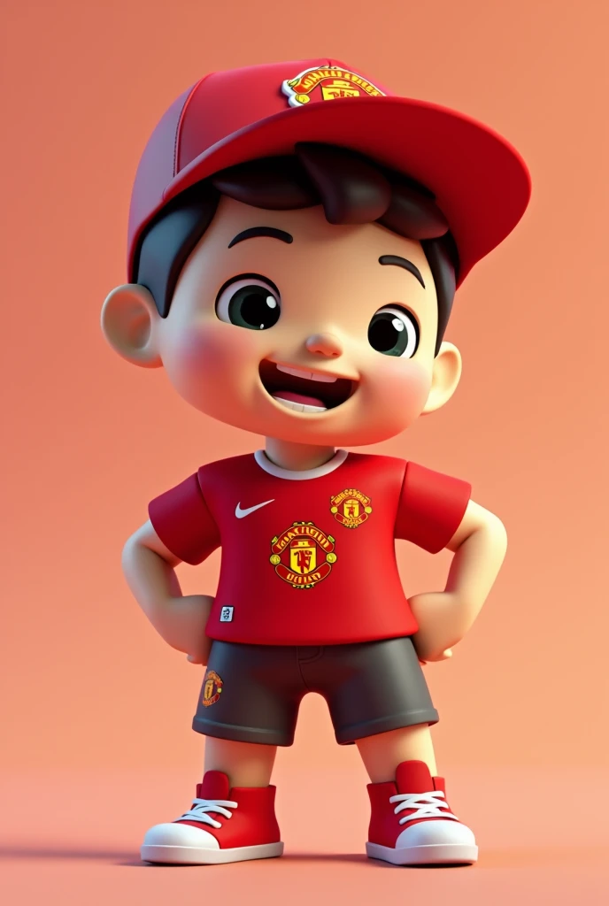 Make a roblox style game character with red cap and manchester united shirt For profile picture