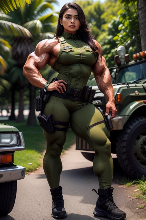 Photorealistic, high resolution, 1 malay woman wearing a green beret, Solo, Hips up, Battlefield background,view the viewer, (Detailed face), braided hair, wearing a green beret and a special team logo, SWAT vests, airborne logo on the chest, sniper rifle handle, camouflage combat suit, Camoflage military uniform, SWAT Boots, bulletproof vest, Holding an assault rifle, M16, Inside the jungle of Royal Belum, Very detailed, Perfect face, Black eye, jewelry, (full body view), Lifelike, masterpiece, HDR, 4K