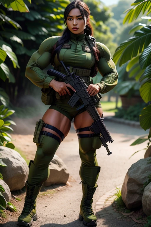 Photorealistic, high resolution, 1 malay woman wearing a green beret, Solo, Hips up, Battlefield background，view the viewer, (Detailed face), braided hair, wearing a green beret and a special team logo, SWAT vests, airborne logo on the chest, sniper rifle handle, camouflage combat suit, Camoflage military uniform, SWAT Boots, bulletproof vest, Holding an assault rifle, M16, Inside the jungle of Royal Belum, Very detailed, Perfect face, Black eye, jewelry, (full body view), Lifelike, masterpiece, HDR, 4K