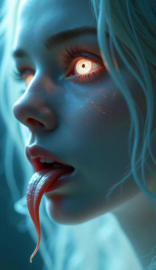 A close-up of a ghostly face, pale, translucent skin and cracks that seem to glow with an inner light. The eye shines with a soft light, mysterious light, and the hair flows like a mist around the face. her lips and tongue open showing her snake tongue creating a demonic and sexy look at the same time, The overall style should be ethereal and fantastically beautiful., with a focus on supernatural brilliance and delicacy, an almost fragile appearance of the face.