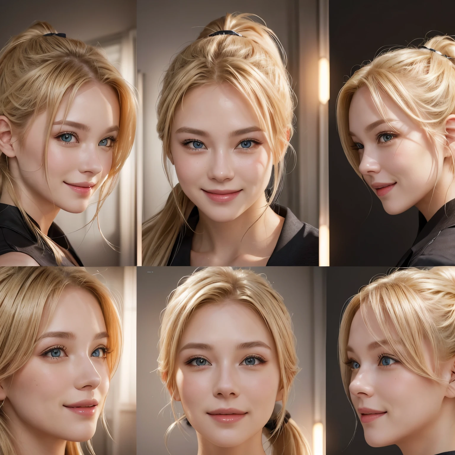 ((CHARACTER SHEET)), different face expretions, PHOTO REALISTIC, BLONDE GIRL, SMILING, PONYTAIL 18K, INTENSE PROFESSIONAL STUDIO LIGHT