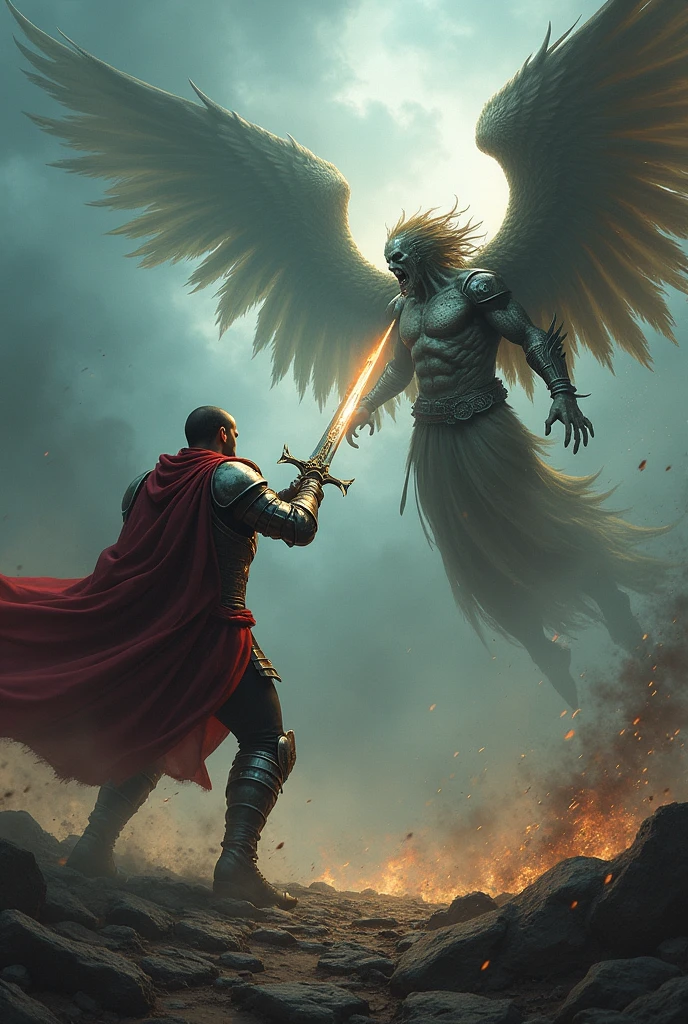 A human fighting a fallen angel