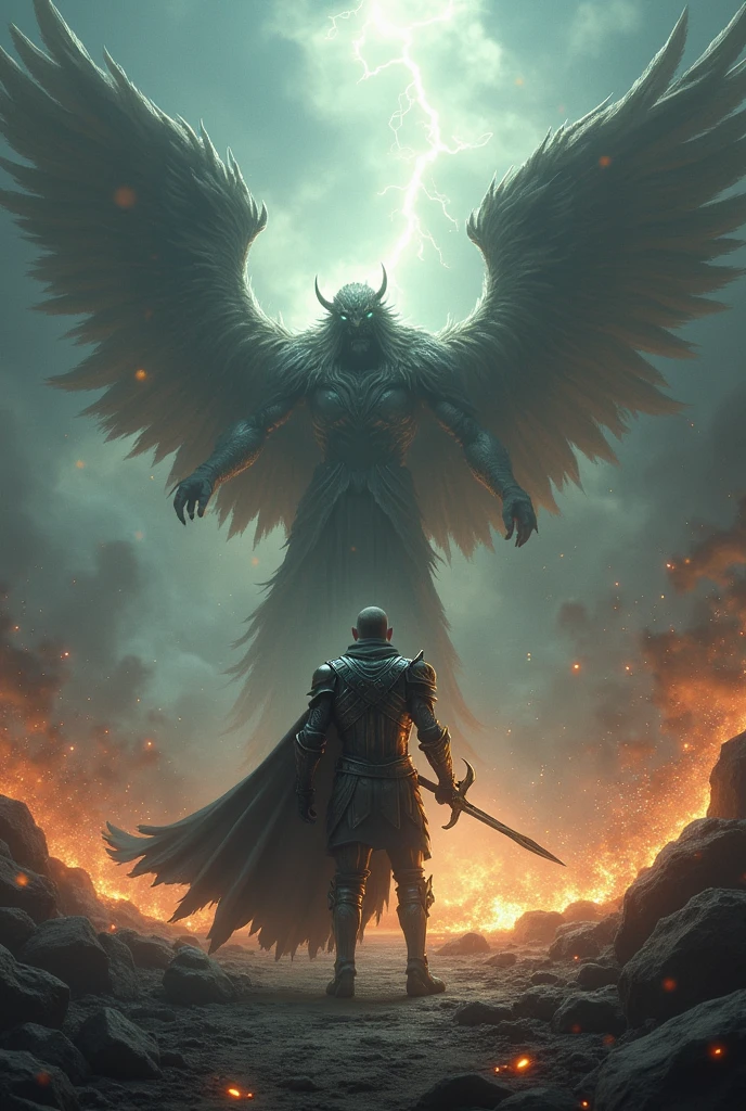 A human fighting a fallen angel