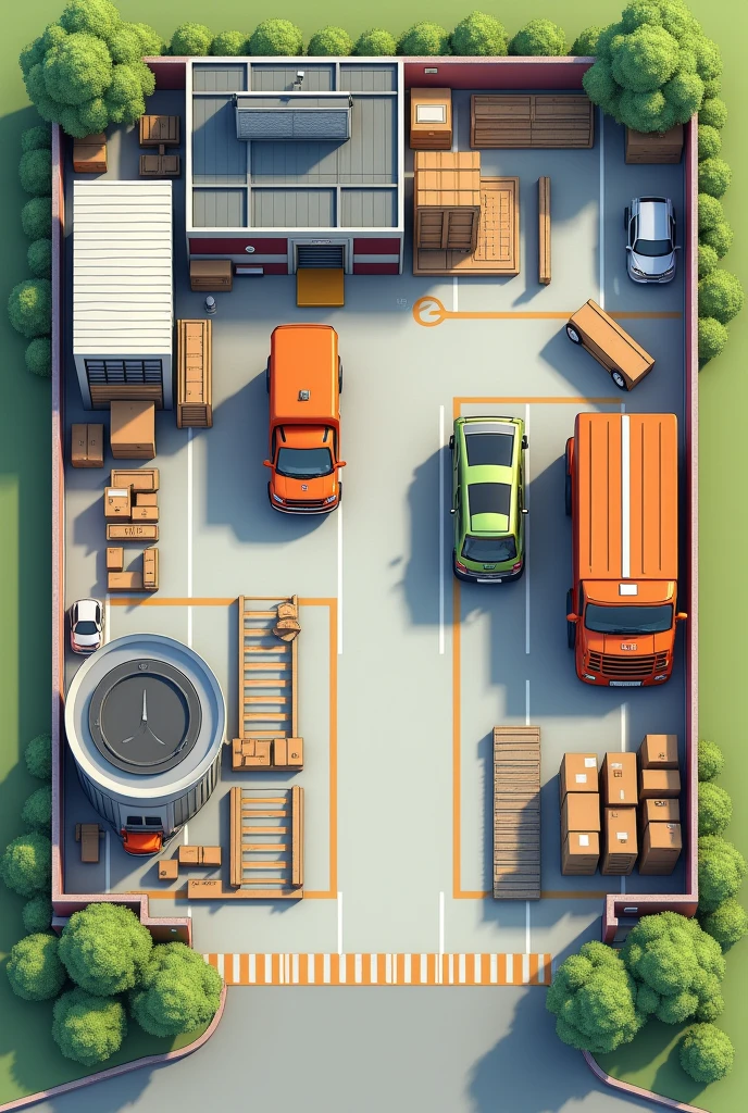 Layout of a distribution center of 1.00m x1.20 with sentry box, coffee shop, rolling, Parking lot, bathrooms , Reception area to the north and dispatch area to the east. With u-configuration