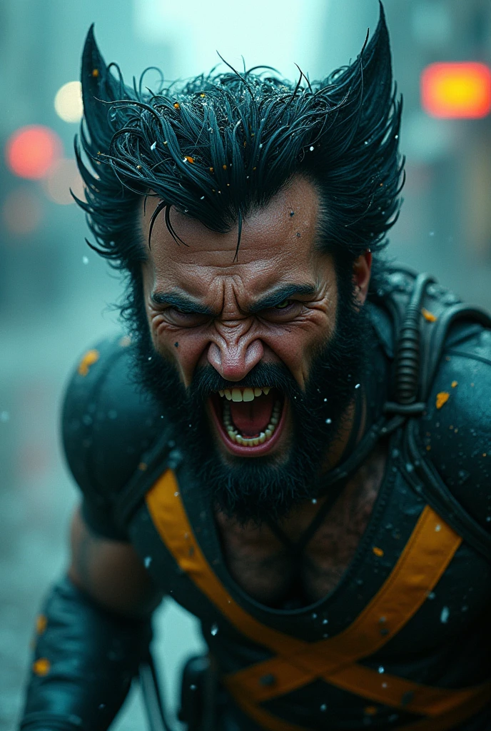 Rain, fragments, particles blender Extreme close-up face
Actor asian Akira kaneda's wolverine creepy monstrous scary as wolverine Year 2099s from X-Men's filmed by ZackSnyder, wolverine dress traje semi rasgado , fighting against thugs X-men Full body , traje rasgado semi Pearl yellow black neon-infused psicodélic fragments splash Snowflakes X-shaped stripes raytracing fashion Week , variant angles, captured with award-winning photography technique, cinematic, dark environment, bokeh, grainy, urban-xmen setting, blurry, IMAx, filmed with Kodak portrait 400, 200mm, f2.8, high resolution, teal filter.Adicione efeitos com chuva, e. Novas cores e trajes diferente em cenas imagens feita,